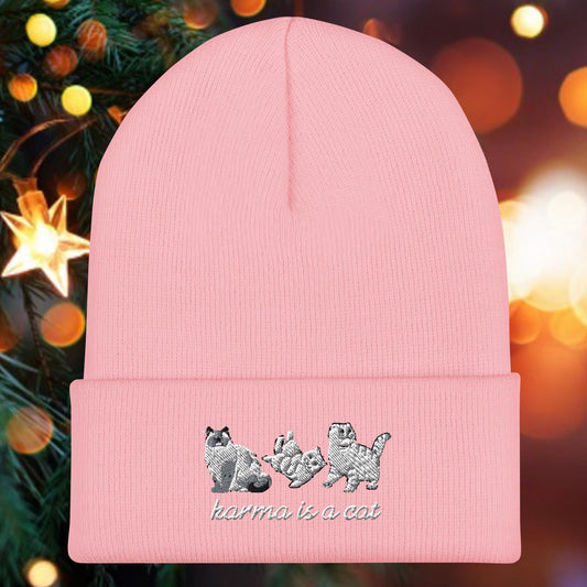 Karma is a Cat Embroidered Cuffed Beanie